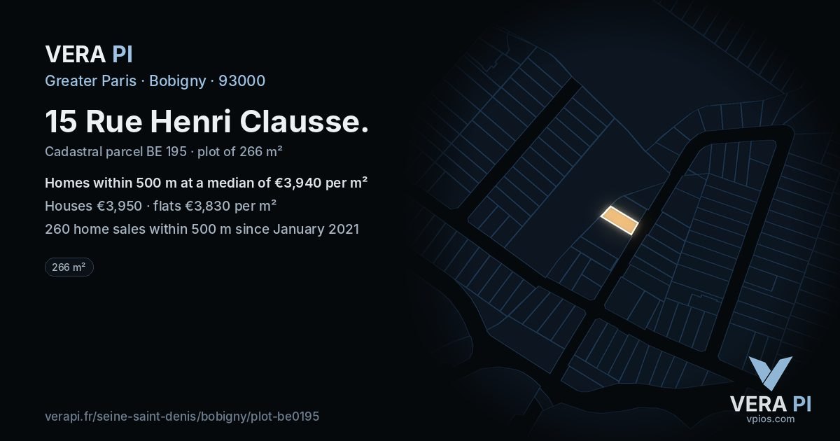 15 Rue Henri Clausse, Bobigny at night – the plot lit, the parcels around coloured by the prices near them