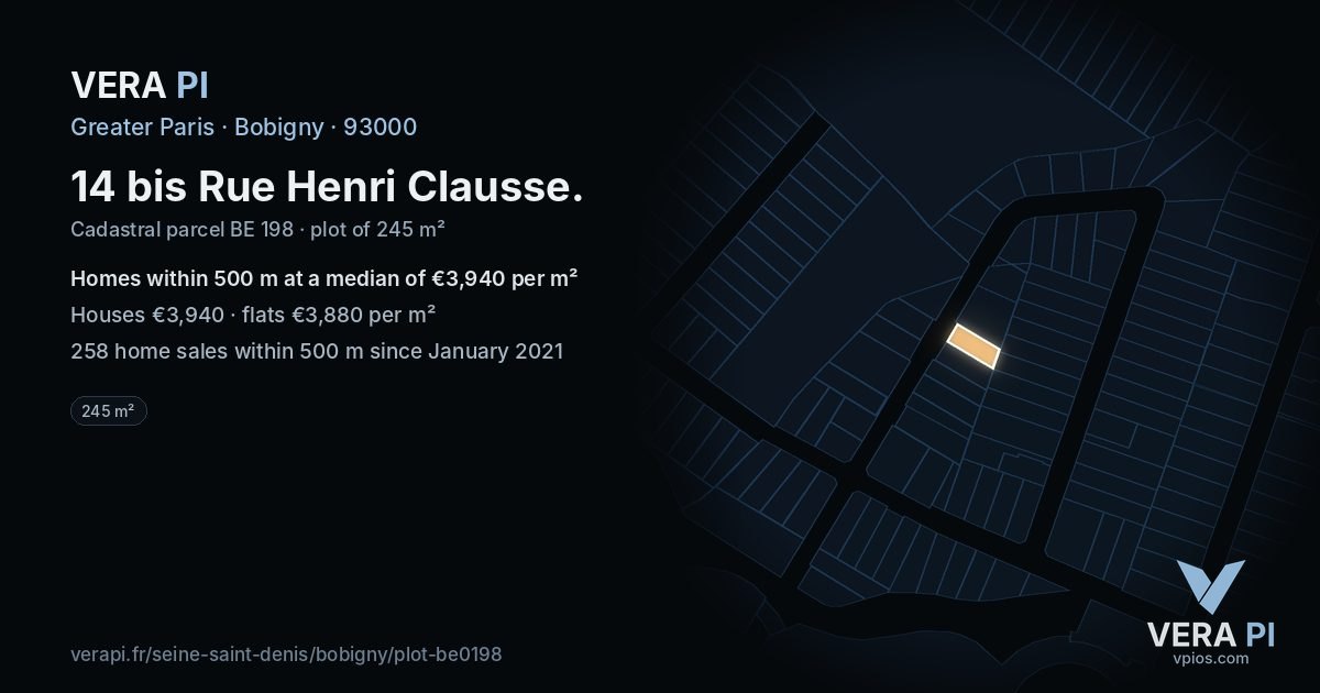 14 bis Rue Henri Clausse, Bobigny at night – the plot lit, the parcels around coloured by the prices near them