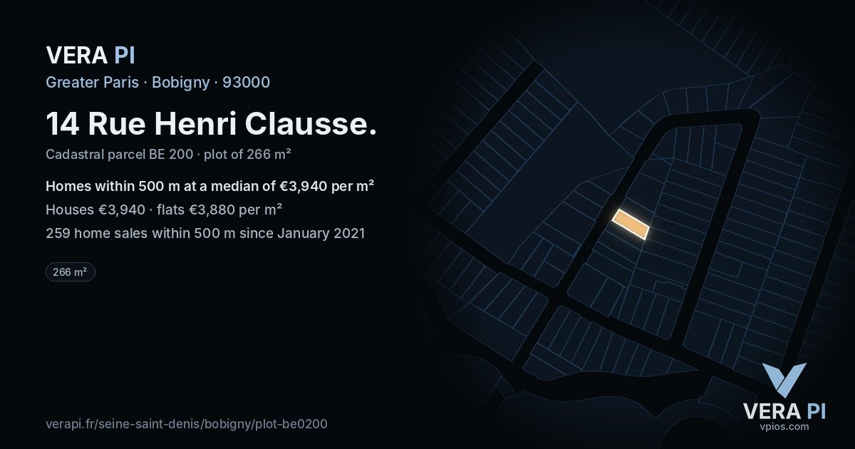 14 Rue Henri Clausse, Bobigny at night – the plot lit, the parcels around coloured by the prices near them