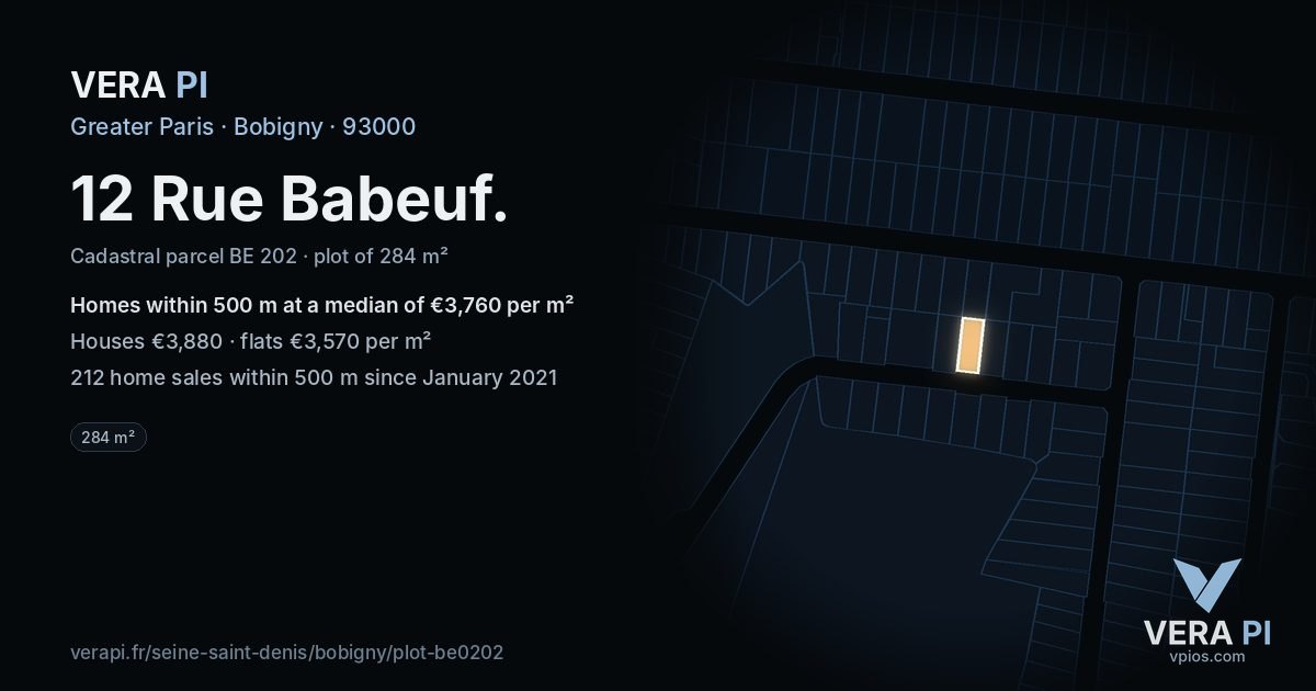 12 Rue Babeuf, Bobigny at night – the plot lit, the parcels around coloured by the prices near them