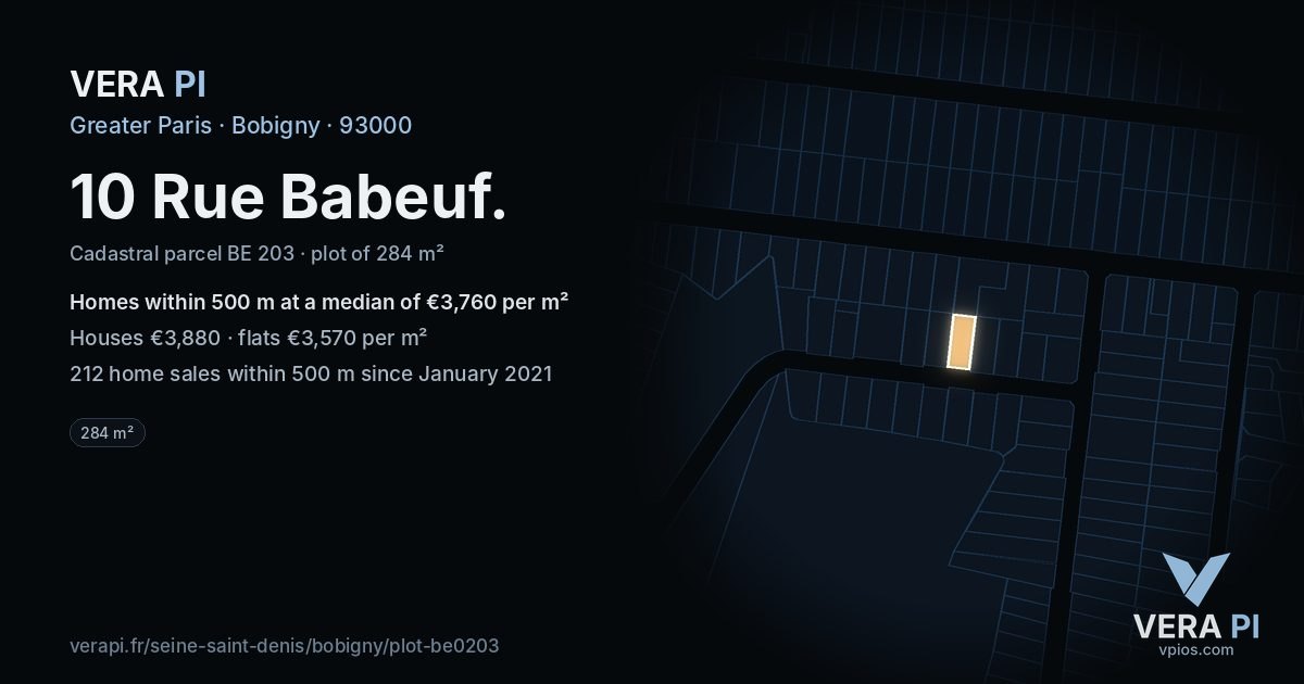 10 Rue Babeuf, Bobigny at night – the plot lit, the parcels around coloured by the prices near them