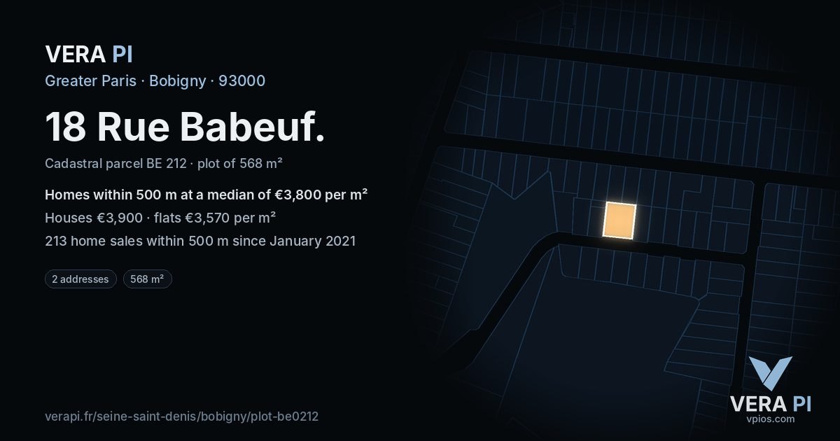 18 Rue Babeuf, Bobigny at night – the plot lit, the parcels around coloured by the prices near them