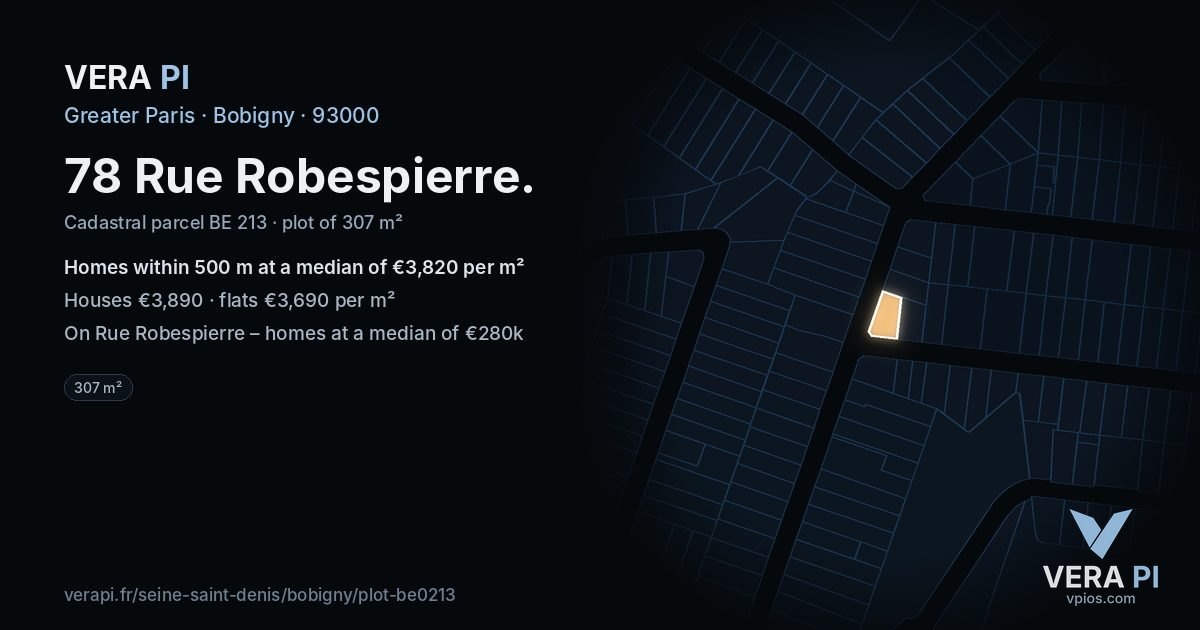 78 Rue Robespierre, Bobigny at night – the plot lit, the parcels around coloured by the prices near them