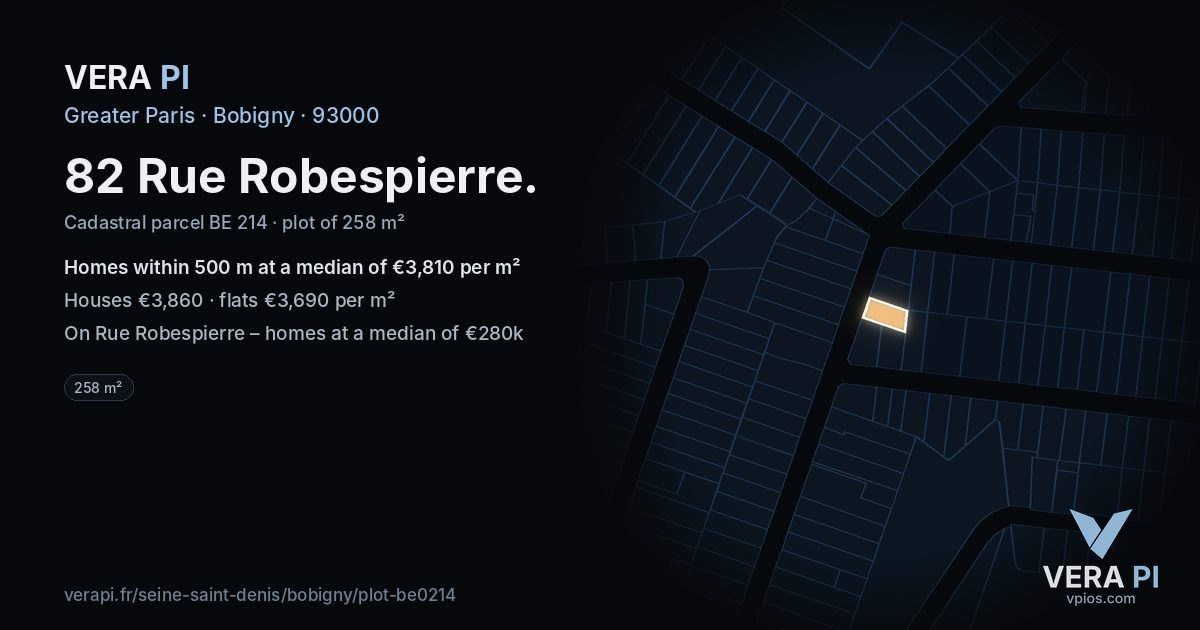 82 Rue Robespierre, Bobigny at night – the plot lit, the parcels around coloured by the prices near them