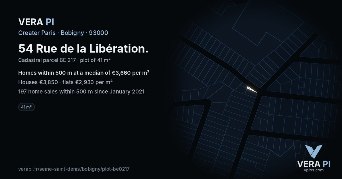 54 Rue de la Libération, Bobigny at night – the plot lit, the parcels around coloured by the prices near them