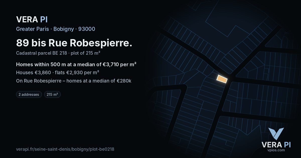 89 bis Rue Robespierre, Bobigny at night – the plot lit, the parcels around coloured by the prices near them