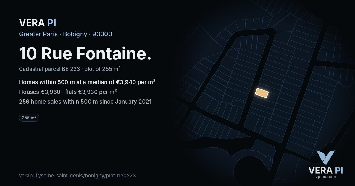 10 Rue Fontaine, Bobigny at night – the plot lit, the parcels around coloured by the prices near them