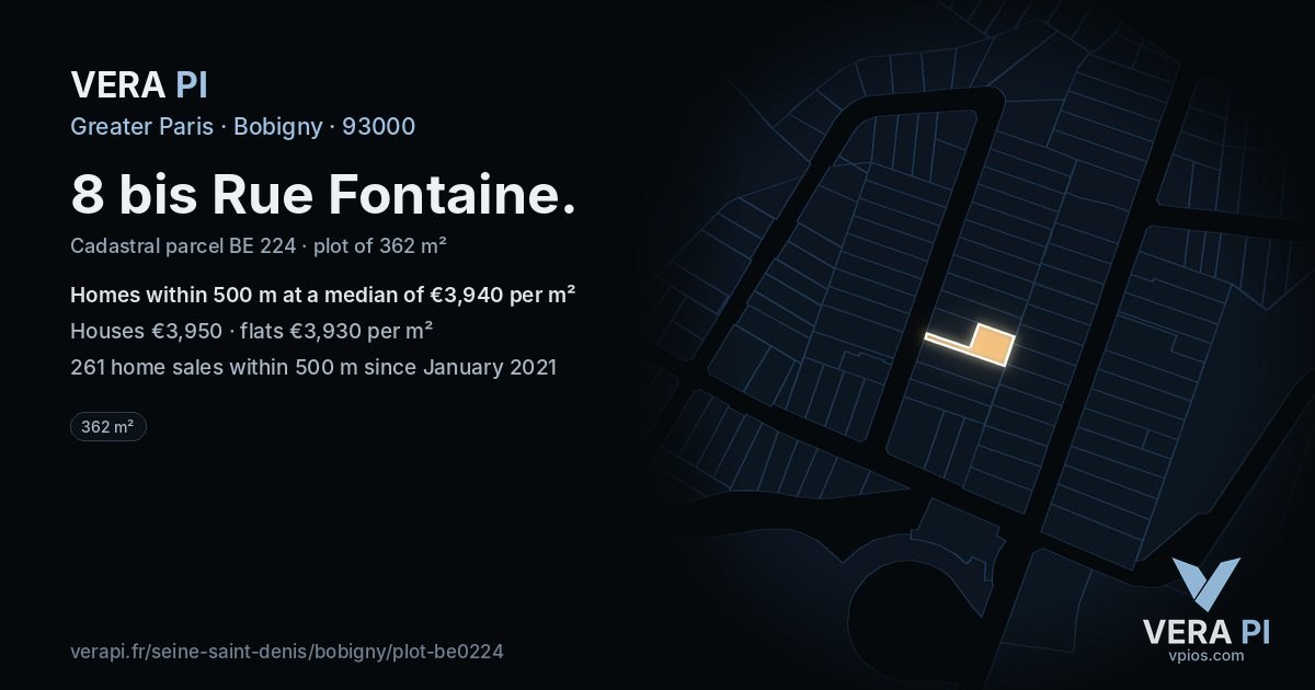 8 bis Rue Fontaine, Bobigny at night – the plot lit, the parcels around coloured by the prices near them