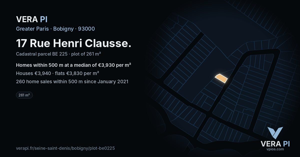 17 Rue Henri Clausse, Bobigny at night – the plot lit, the parcels around coloured by the prices near them