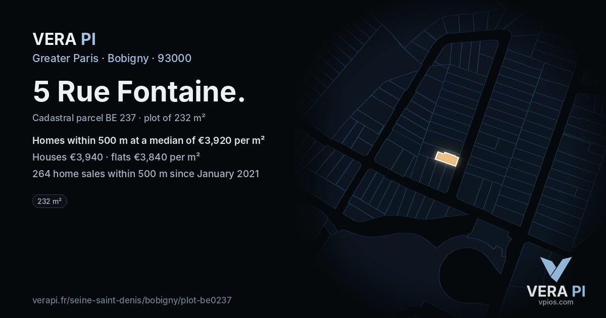 5 Rue Fontaine, Bobigny at night – the plot lit, the parcels around coloured by the prices near them