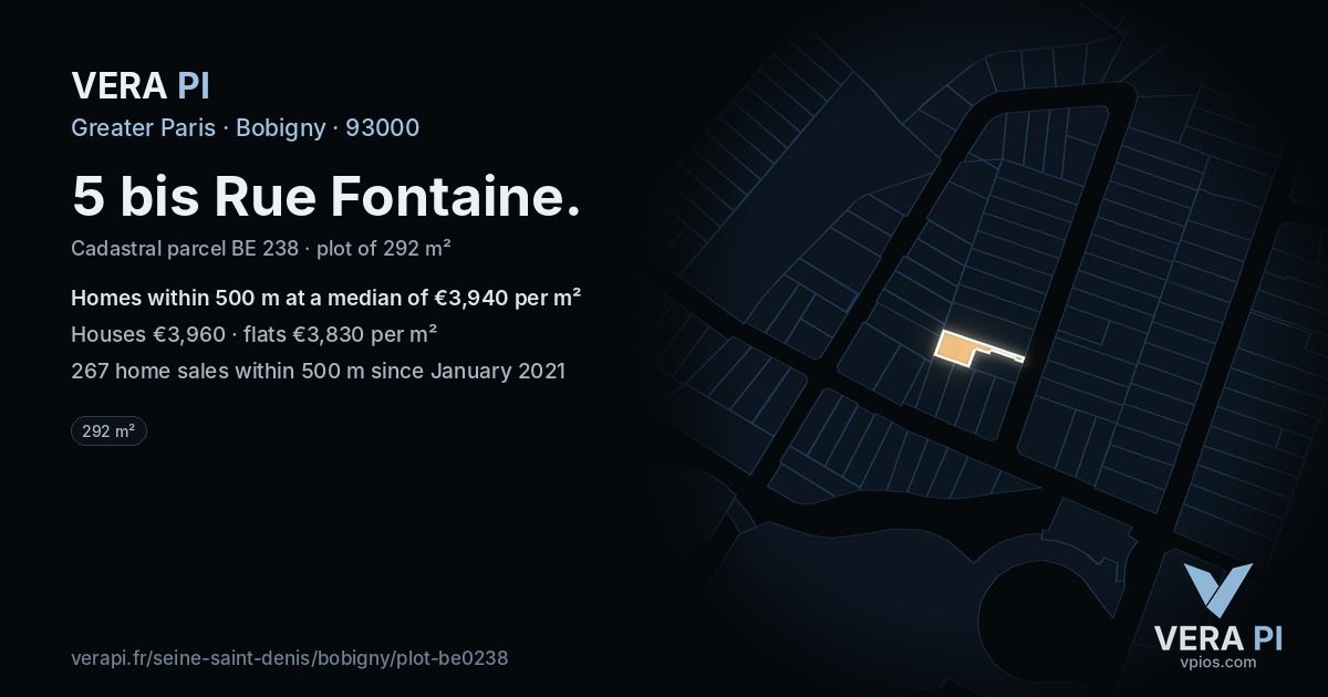 5 bis Rue Fontaine, Bobigny at night – the plot lit, the parcels around coloured by the prices near them