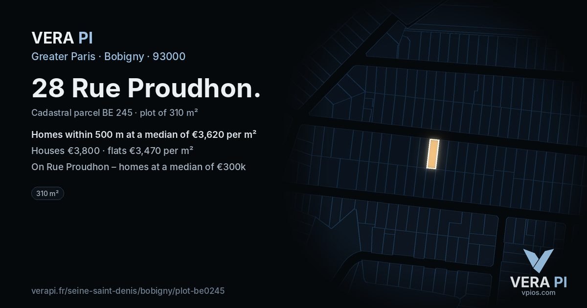 28 Rue Proudhon, Bobigny at night – the plot lit, the parcels around coloured by the prices near them
