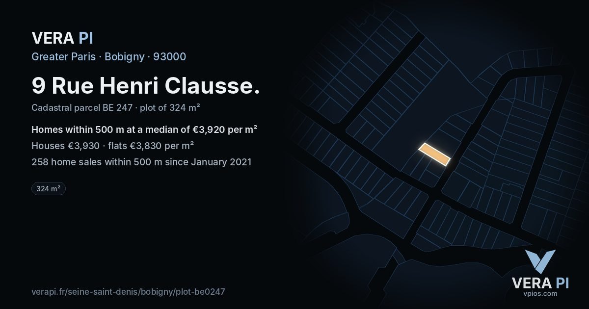 9 Rue Henri Clausse, Bobigny at night – the plot lit, the parcels around coloured by the prices near them