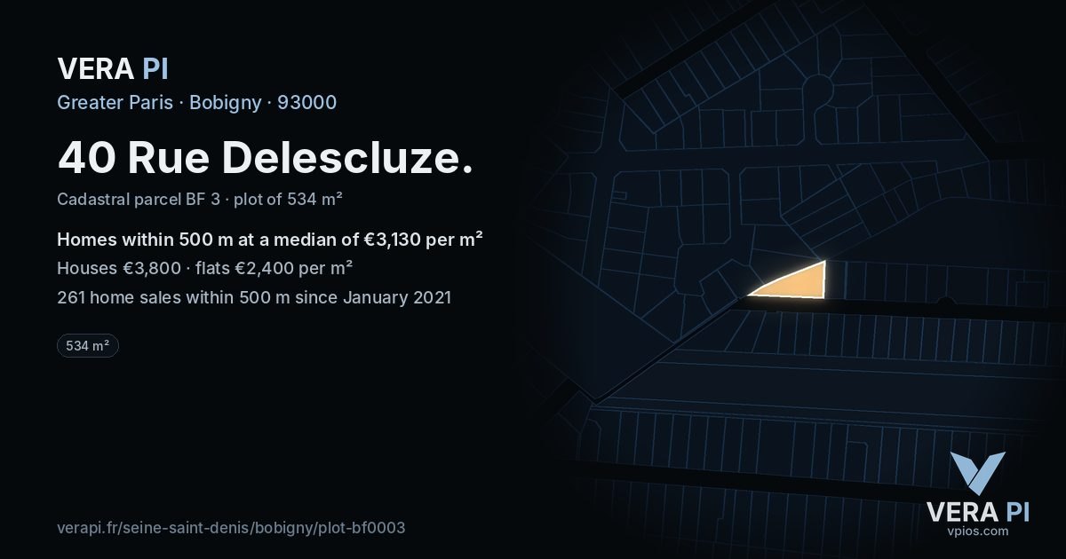 40 Rue Delescluze, Bobigny at night – the plot lit, the parcels around coloured by the prices near them