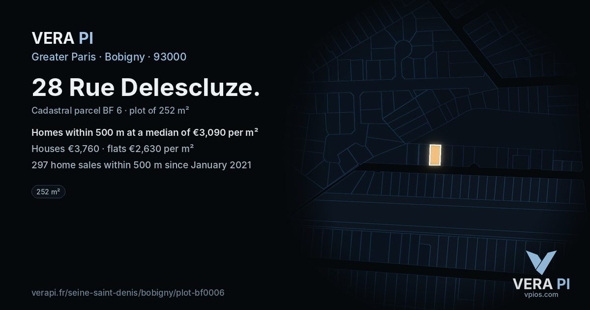 28 Rue Delescluze, Bobigny at night – the plot lit, the parcels around coloured by the prices near them