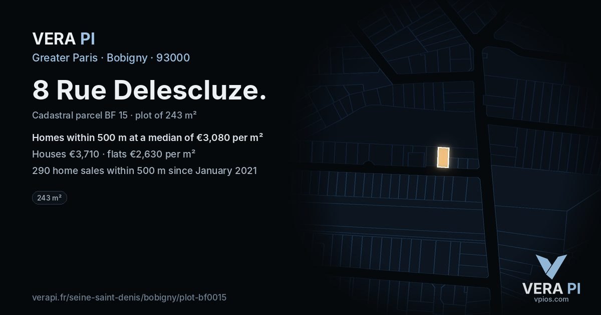 8 Rue Delescluze, Bobigny at night – the plot lit, the parcels around coloured by the prices near them