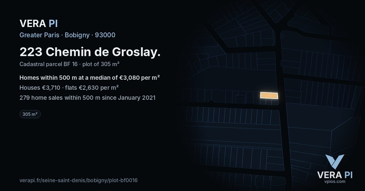 223 Chemin de Groslay, Bobigny at night – the plot lit, the parcels around coloured by the prices near them