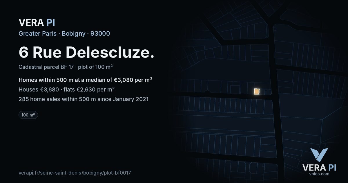 6 Rue Delescluze, Bobigny at night – the plot lit, the parcels around coloured by the prices near them