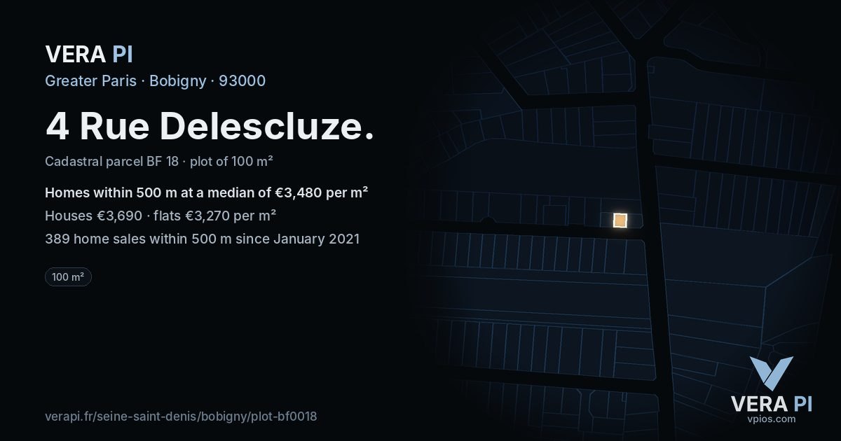 4 Rue Delescluze, Bobigny at night – the plot lit, the parcels around coloured by the prices near them