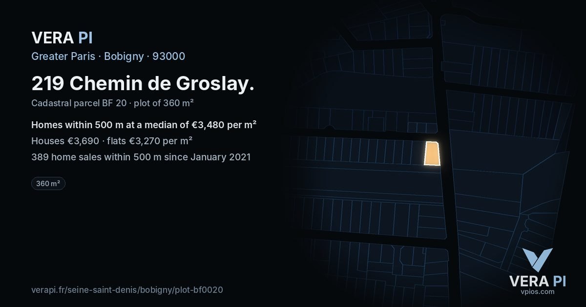 219 Chemin de Groslay, Bobigny at night – the plot lit, the parcels around coloured by the prices near them