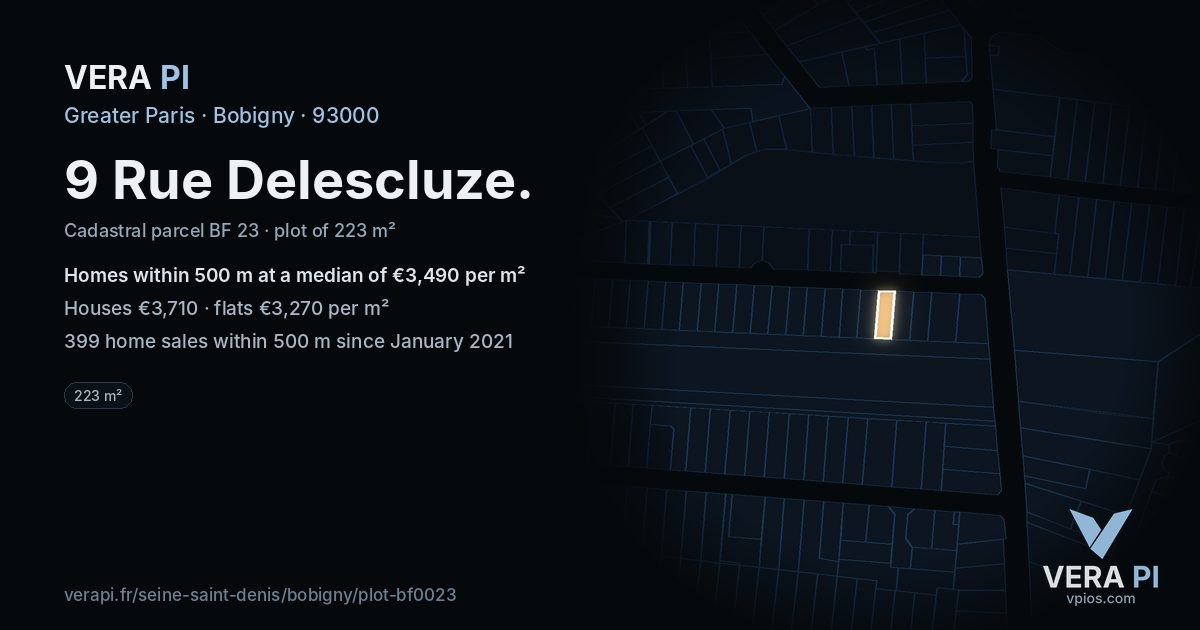9 Rue Delescluze, Bobigny at night – the plot lit, the parcels around coloured by the prices near them