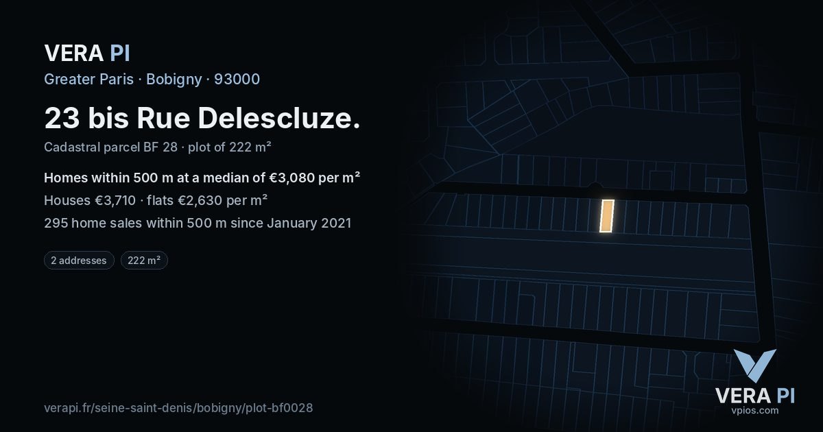 23 bis Rue Delescluze, Bobigny at night – the plot lit, the parcels around coloured by the prices near them