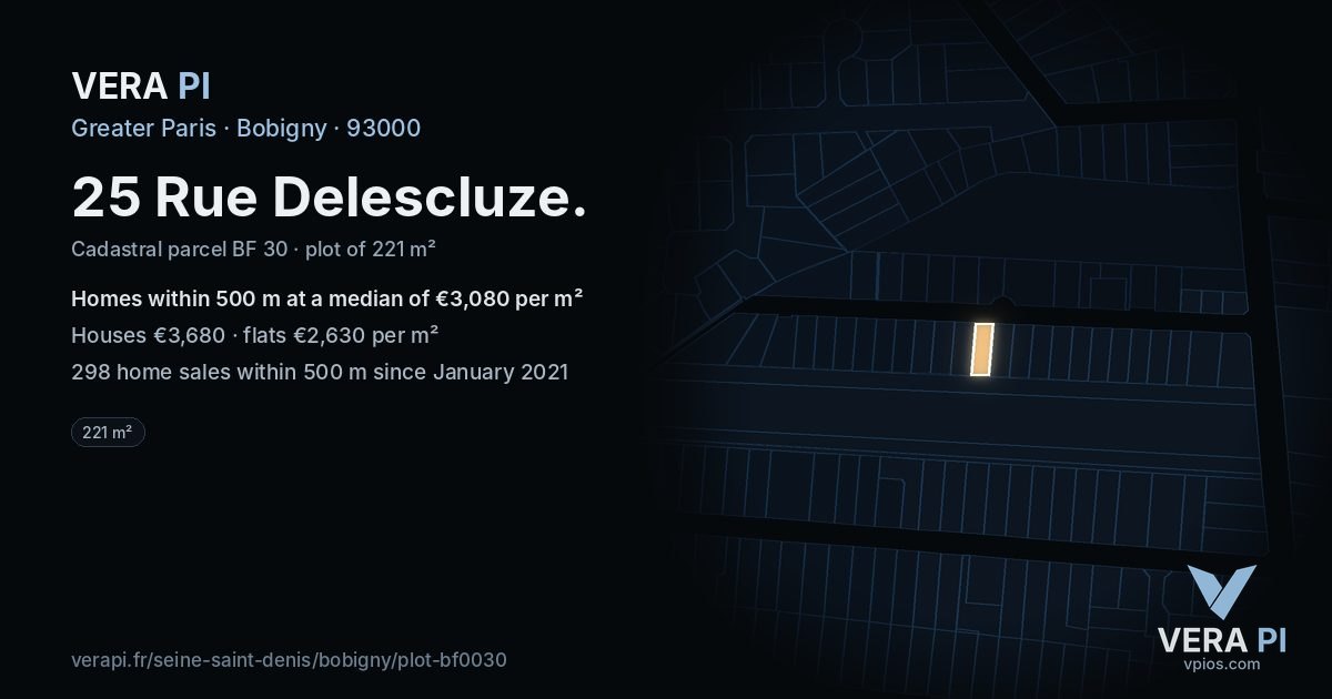 25 Rue Delescluze, Bobigny at night – the plot lit, the parcels around coloured by the prices near them