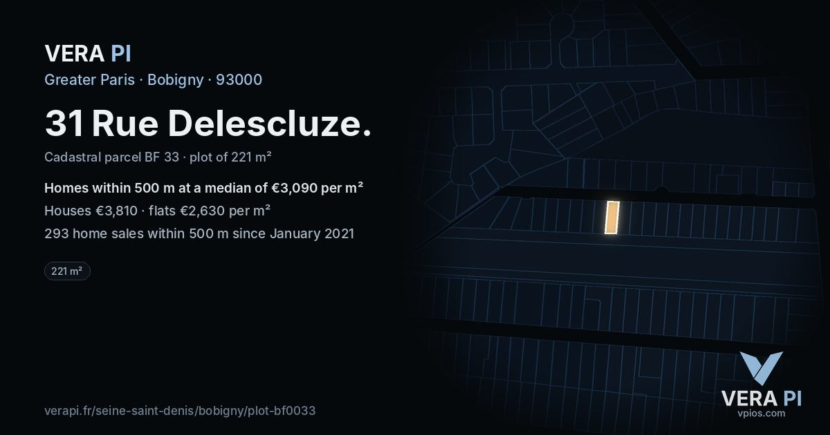 31 Rue Delescluze, Bobigny at night – the plot lit, the parcels around coloured by the prices near them