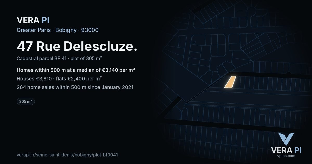 47 Rue Delescluze, Bobigny at night – the plot lit, the parcels around coloured by the prices near them