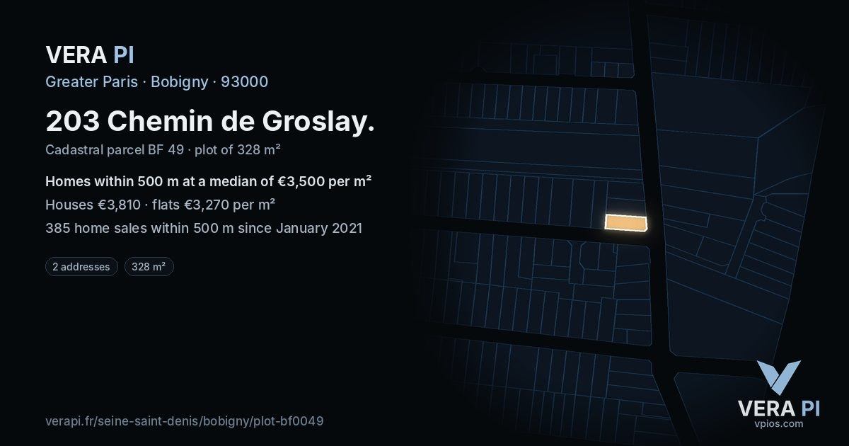 203 Chemin de Groslay, Bobigny at night – the plot lit, the parcels around coloured by the prices near them