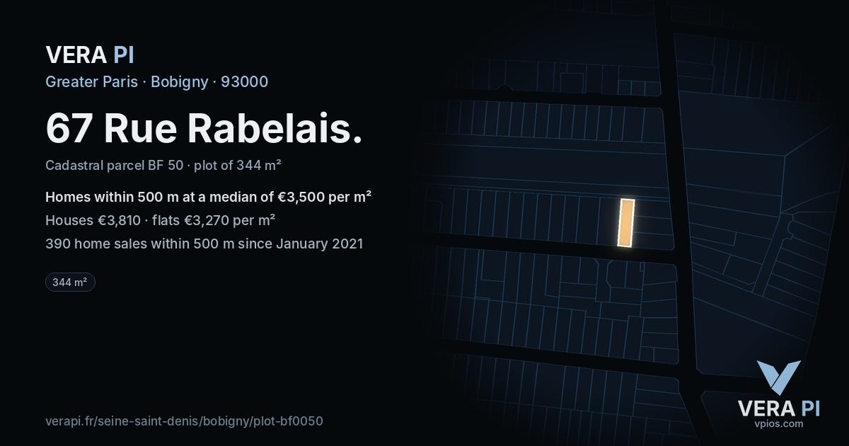 67 Rue Rabelais, Bobigny at night – the plot lit, the parcels around coloured by the prices near them