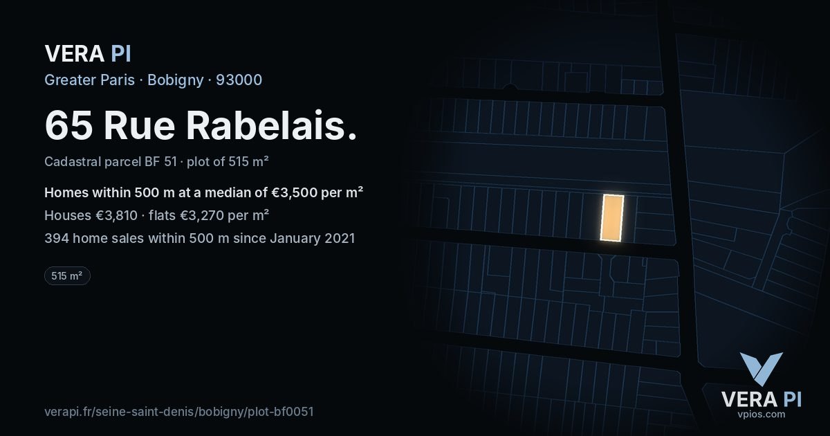 65 Rue Rabelais, Bobigny at night – the plot lit, the parcels around coloured by the prices near them