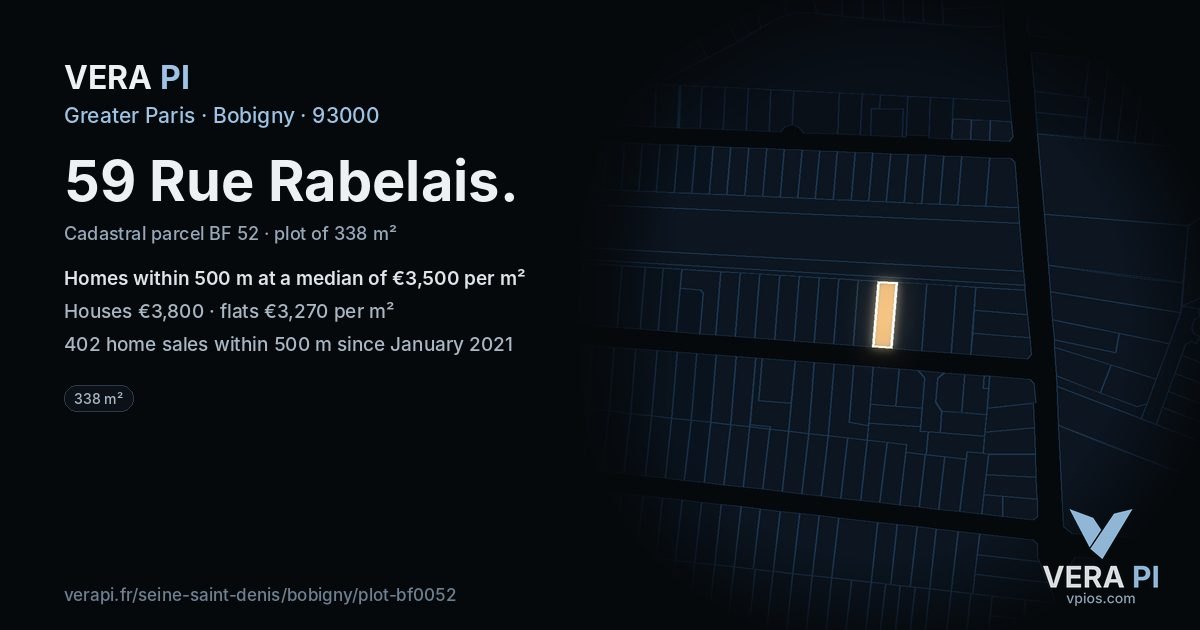 59 Rue Rabelais, Bobigny at night – the plot lit, the parcels around coloured by the prices near them