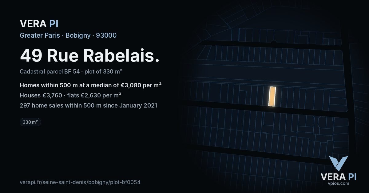 49 Rue Rabelais, Bobigny at night – the plot lit, the parcels around coloured by the prices near them