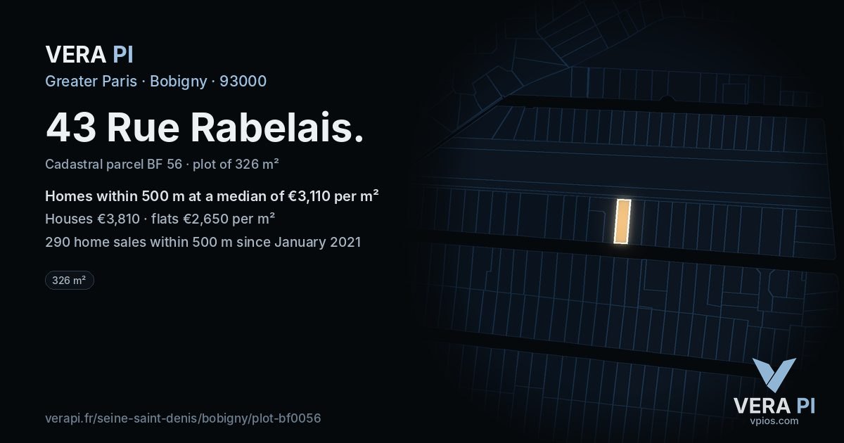 43 Rue Rabelais, Bobigny at night – the plot lit, the parcels around coloured by the prices near them