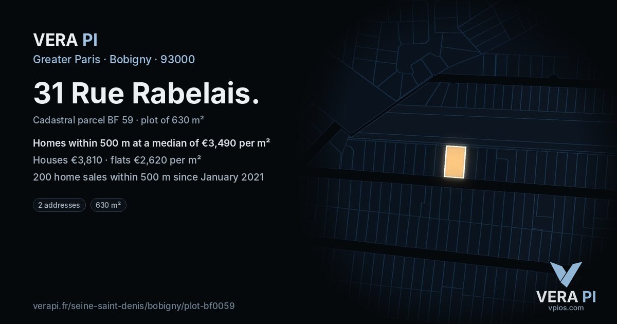 31 Rue Rabelais, Bobigny at night – the plot lit, the parcels around coloured by the prices near them