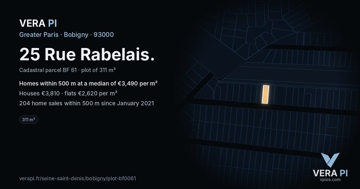 25 Rue Rabelais, Bobigny at night – the plot lit, the parcels around coloured by the prices near them