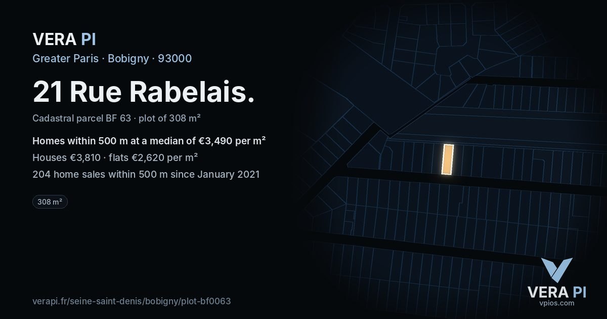 21 Rue Rabelais, Bobigny at night – the plot lit, the parcels around coloured by the prices near them