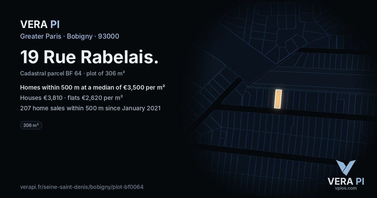 19 Rue Rabelais, Bobigny at night – the plot lit, the parcels around coloured by the prices near them
