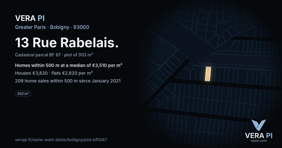 13 Rue Rabelais, Bobigny at night – the plot lit, the parcels around coloured by the prices near them