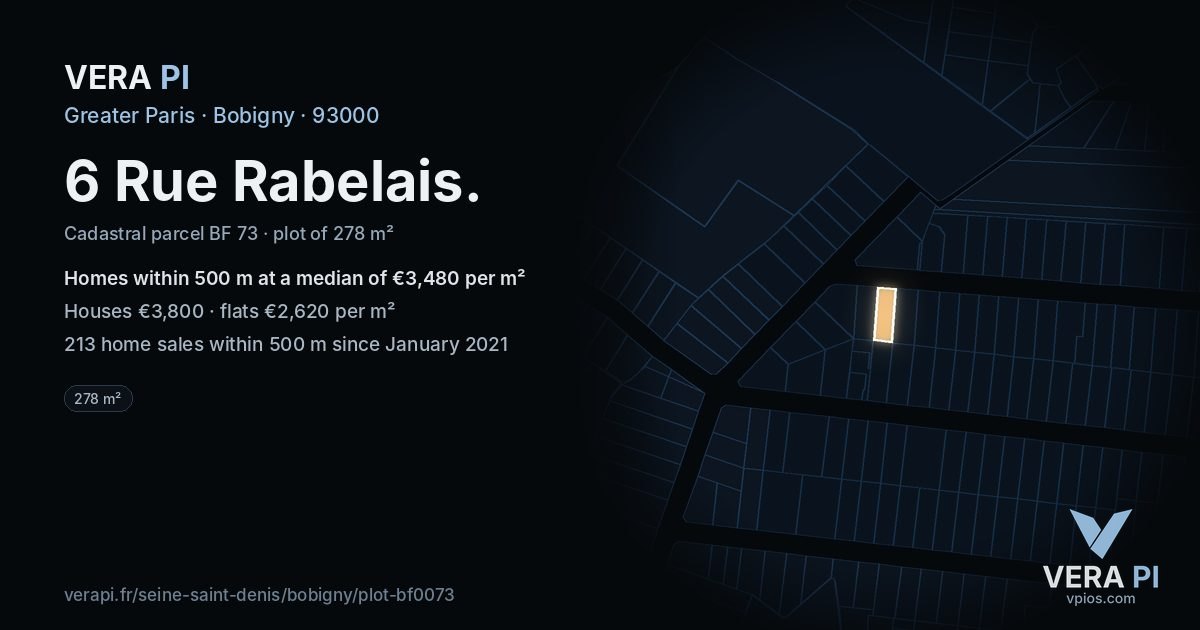 6 Rue Rabelais, Bobigny at night – the plot lit, the parcels around coloured by the prices near them