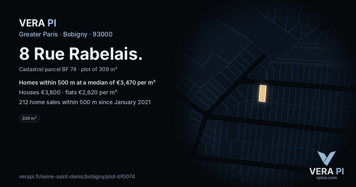 8 Rue Rabelais, Bobigny at night – the plot lit, the parcels around coloured by the prices near them
