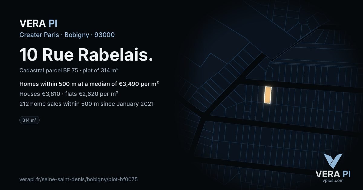 10 Rue Rabelais, Bobigny at night – the plot lit, the parcels around coloured by the prices near them