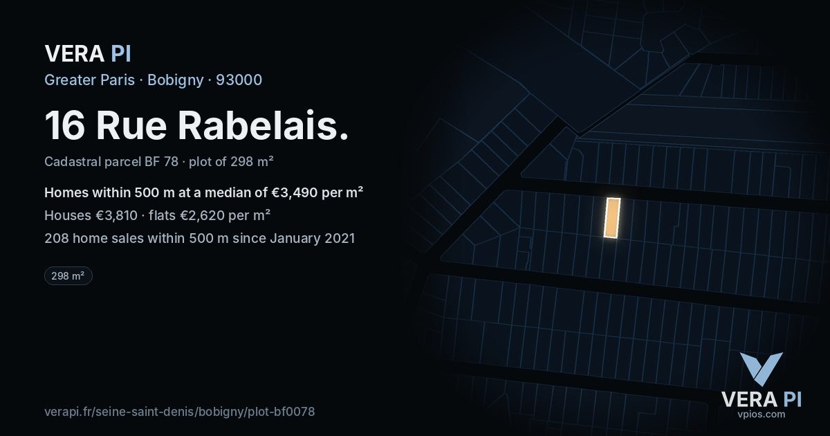 16 Rue Rabelais, Bobigny at night – the plot lit, the parcels around coloured by the prices near them