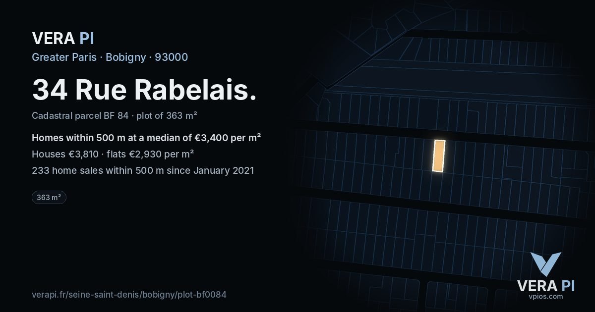 34 Rue Rabelais, Bobigny at night – the plot lit, the parcels around coloured by the prices near them