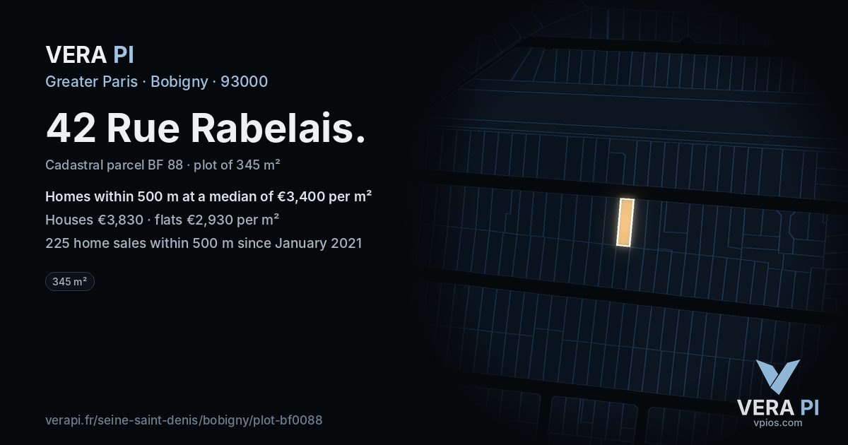 42 Rue Rabelais, Bobigny at night – the plot lit, the parcels around coloured by the prices near them
