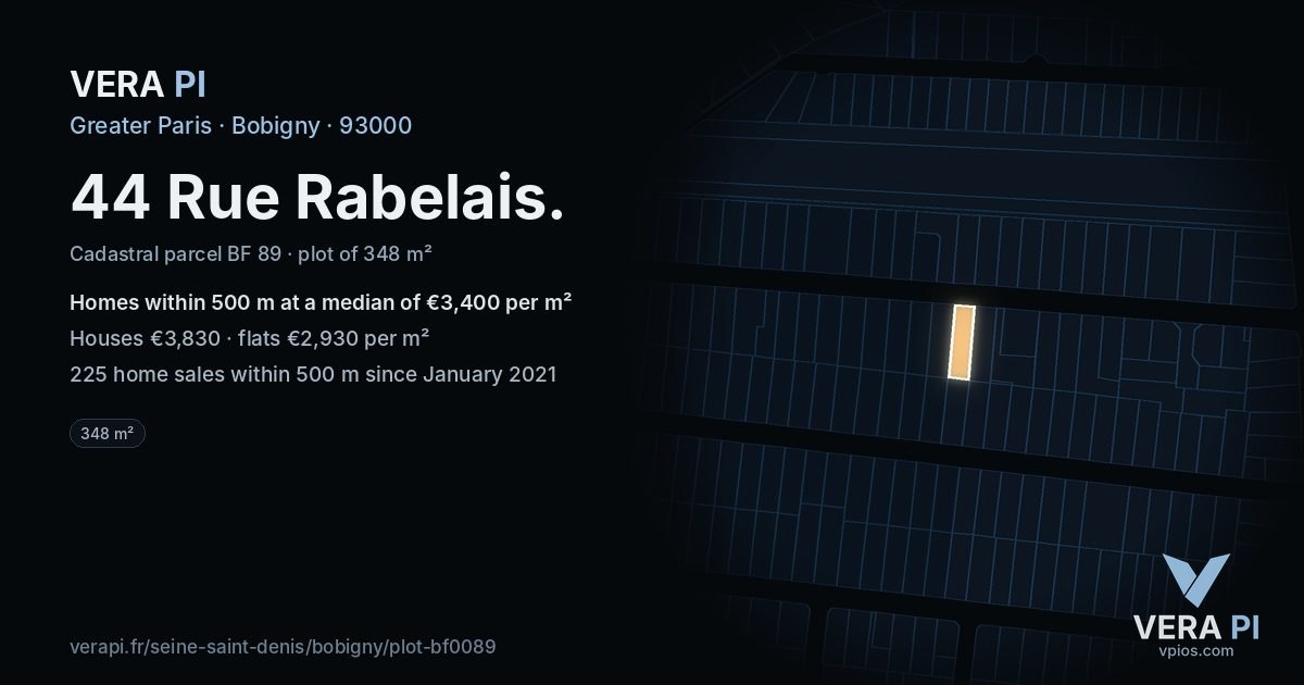 44 Rue Rabelais, Bobigny at night – the plot lit, the parcels around coloured by the prices near them