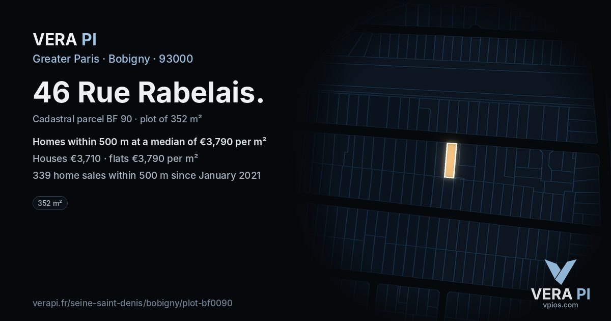46 Rue Rabelais, Bobigny at night – the plot lit, the parcels around coloured by the prices near them
