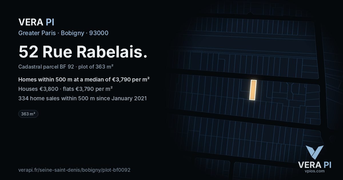 52 Rue Rabelais, Bobigny at night – the plot lit, the parcels around coloured by the prices near them