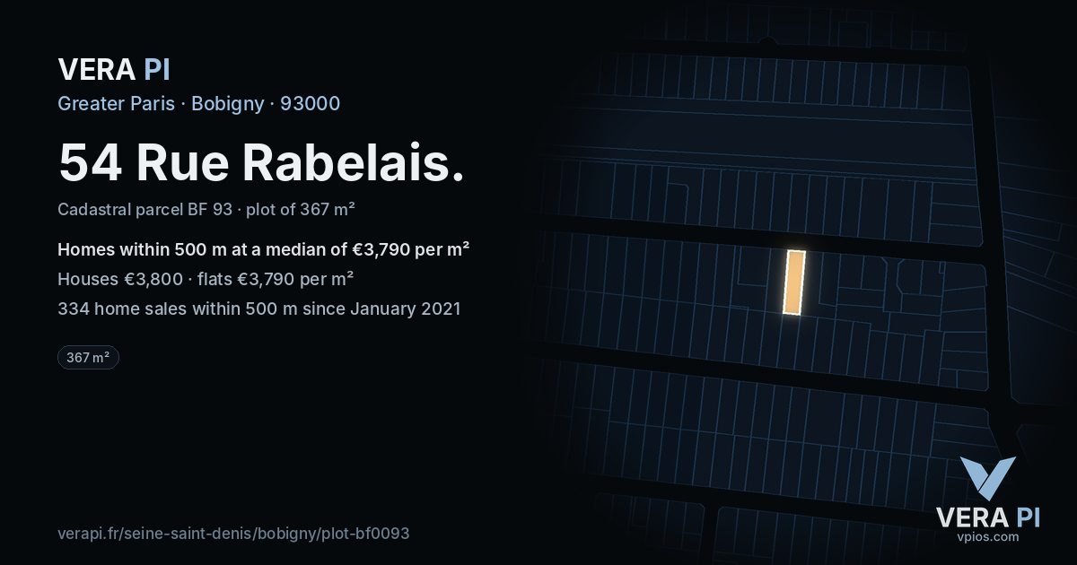 54 Rue Rabelais, Bobigny at night – the plot lit, the parcels around coloured by the prices near them